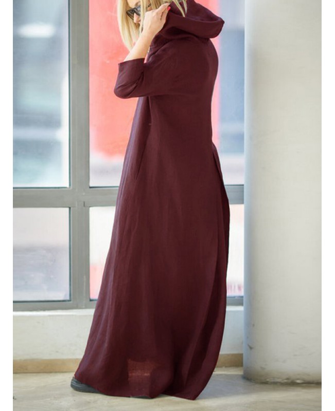 Women Vintage V-Neck Side Pockets Split Cotton Maxi Dress  - Black S