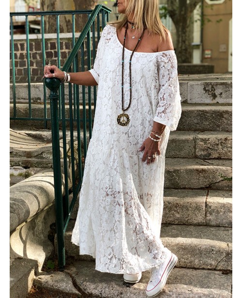 Cold Shoulder Lace Croceht Long Maxi Hollow Out Dr...