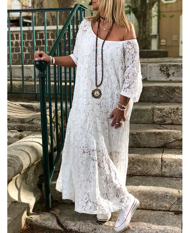 Cold Shoulder Lace Croceht Long Maxi Hollow Out Dress For Women - White S