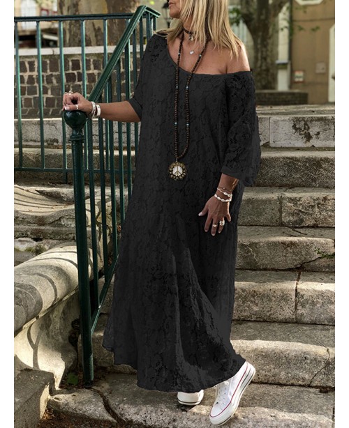 Cold Shoulder Lace Croceht Long Maxi Hollow Out Dr...