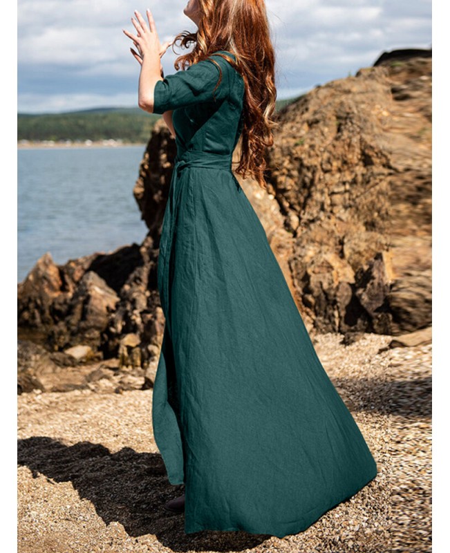 Half Sleeve Lapel V-Neck Pocket Sash Solid Maxi Dress - Red S