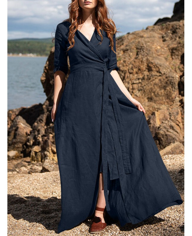 Half Sleeve Lapel V-Neck Pocket Sash Solid Maxi Dress - Red S