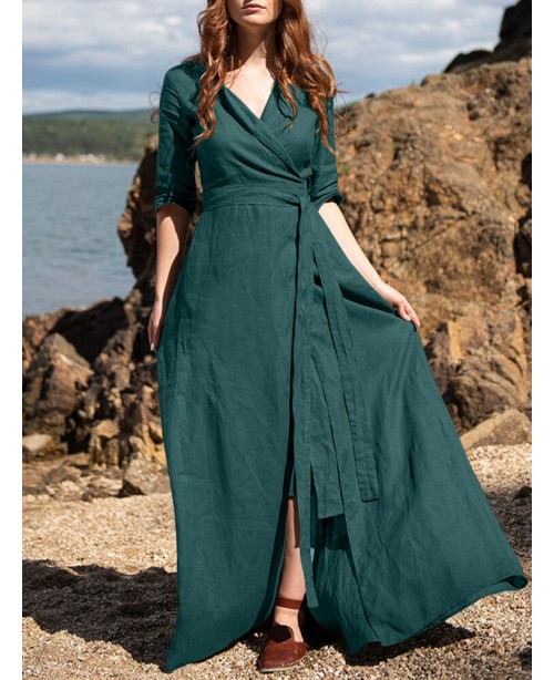 Half Sleeve Lapel V-Neck Pocket Sash Solid Maxi Dr...