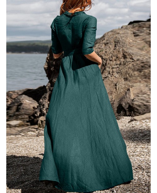 Half Sleeve Lapel V-Neck Pocket Sash Solid Maxi Dr...