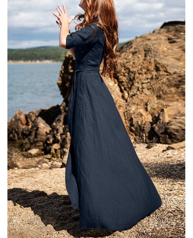 Half Sleeve Lapel V-Neck Pocket Sash Solid Maxi Dress - Red S