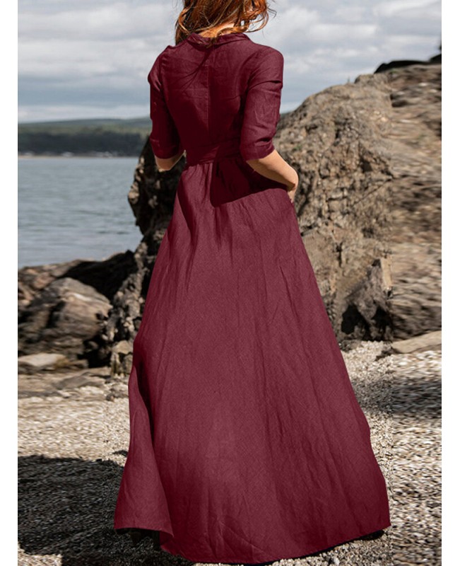 Half Sleeve Lapel V-Neck Pocket Sash Solid Maxi Dress - Red S