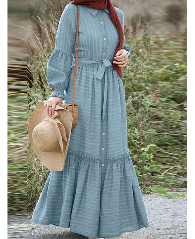 Striped Long Sleeve Turn-down Collar Long Sleeve Maxi Dress With Belt - Green 3XL