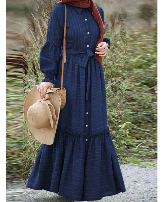 Striped Long Sleeve Turn-down Collar Long Sleeve Maxi Dress With Belt - Green 3XL