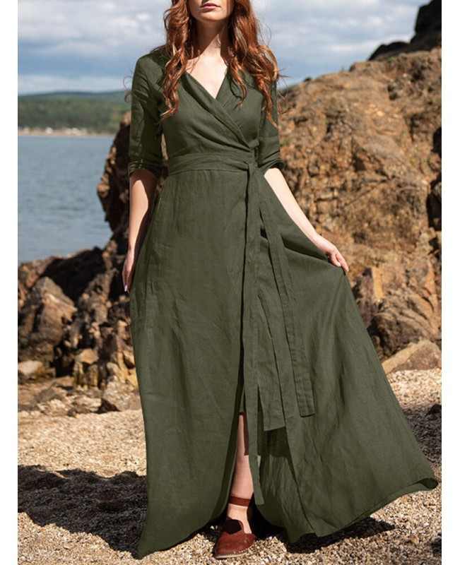 Half Sleeve Lapel V-Neck Pocket Sash Solid Maxi Dress - Red S