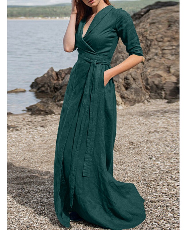 Half Sleeve Lapel V-Neck Pocket Sash Solid Maxi Dress - Red S
