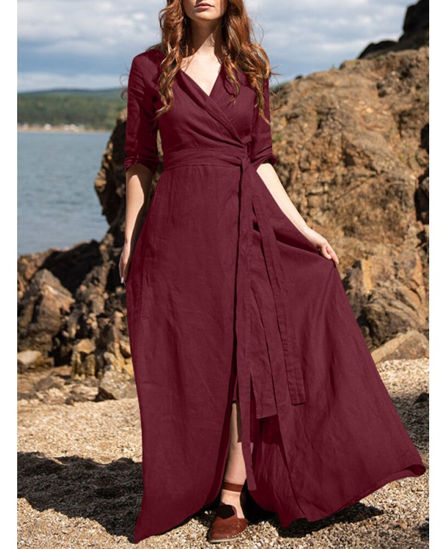 Half Sleeve Lapel V-Neck Pocket Sash Solid Maxi Dress - Red S