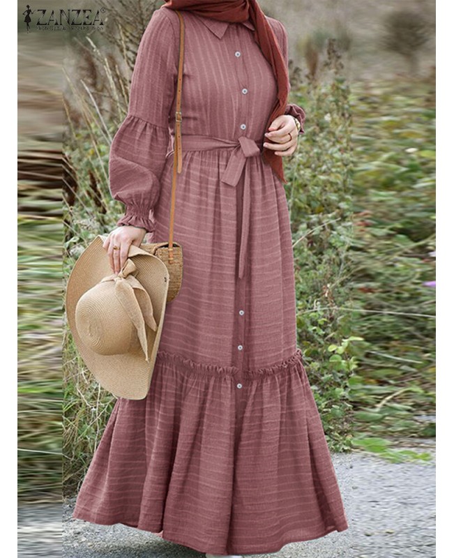 Striped Long Sleeve Turn-down Collar Long Sleeve Maxi Dress With Belt - Green 3XL