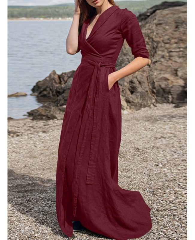Half Sleeve Lapel V-Neck Pocket Sash Solid Maxi Dress - Red S