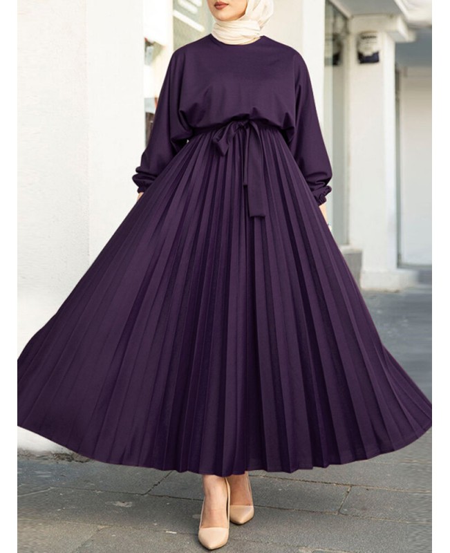 Women Abaya Kaftan Puff Sleeve Solid Pleated Ankle Length Maxi Dresses - blue 3XL