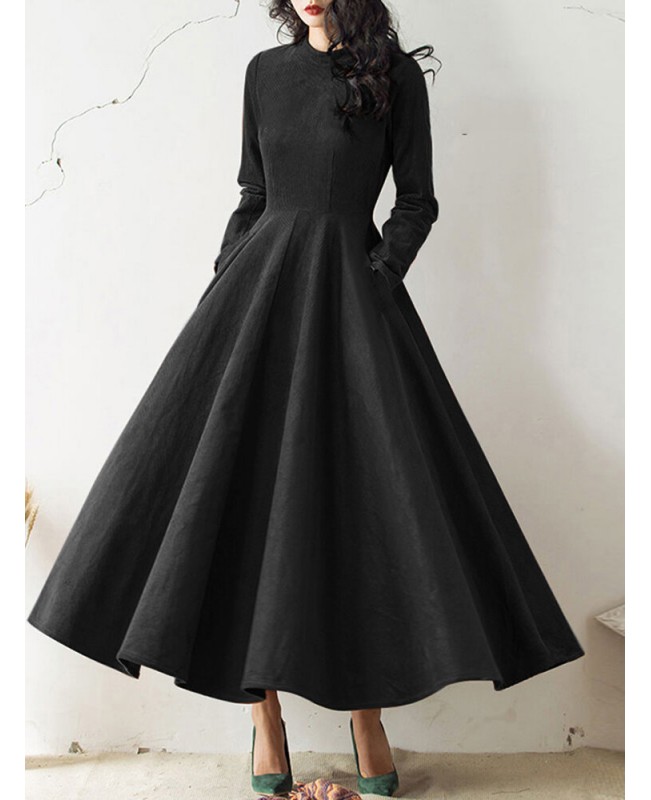 Women Corduroy Solid Ankle-Length Back Zipper Banquet Dress - Black S