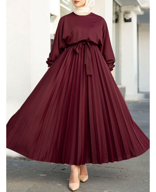 Women Abaya Kaftan Puff Sleeve Solid Pleated Ankle...