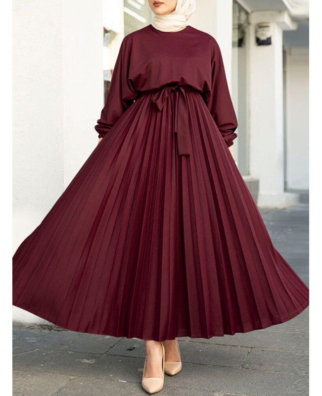 Women Abaya Kaftan Puff Sleeve Solid Pleated Ankle Length Maxi Dresses - blue 3XL