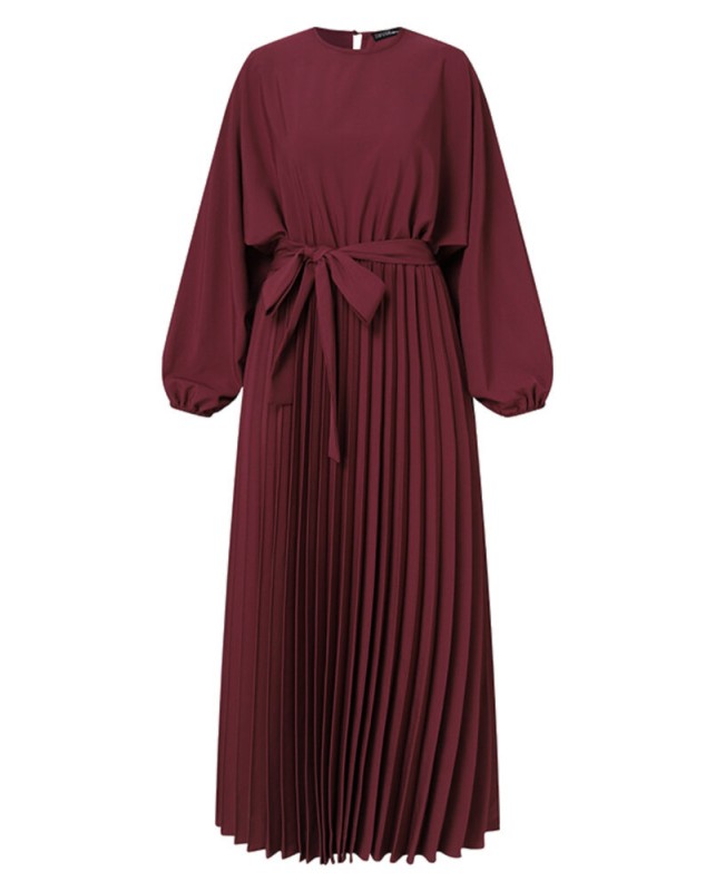 Women Abaya Kaftan Puff Sleeve Solid Pleated Ankle Length Maxi Dresses - blue 3XL