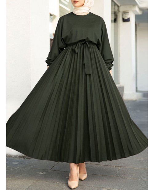 Women Abaya Kaftan Puff Sleeve Solid Pleated Ankle...