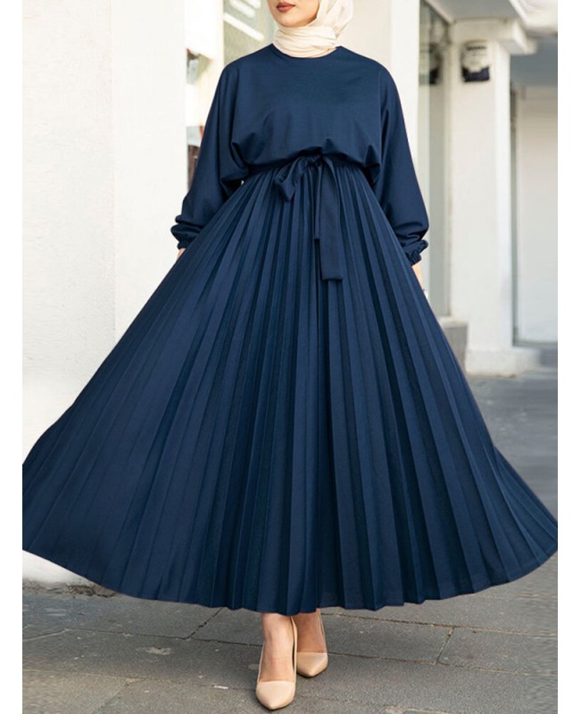 Women Abaya Kaftan Puff Sleeve Solid Pleated Ankle Length Maxi Dresses - blue 3XL