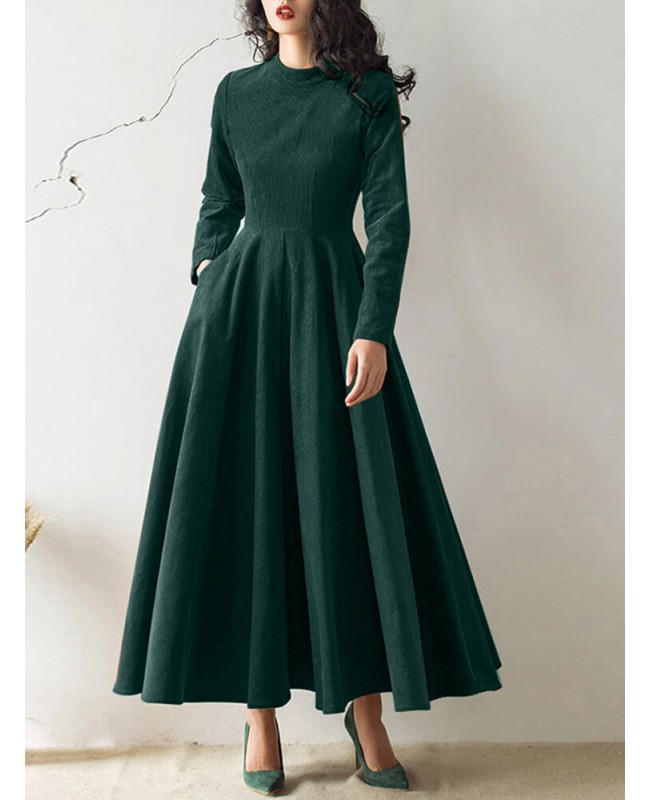 Women Corduroy Solid Ankle-Length Back Zipper Banquet Dress - Black S