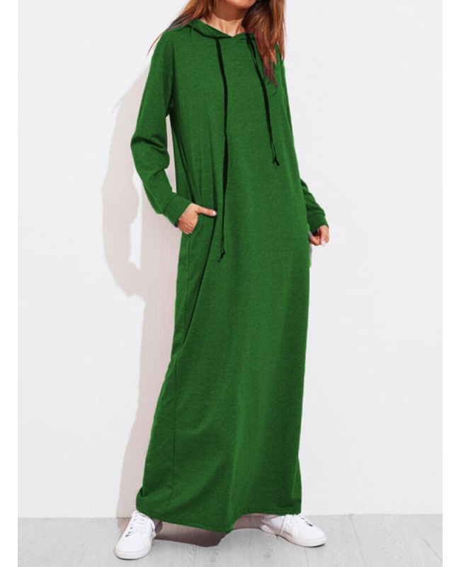 Casual Women Solid Color Full Sleeve Long Hooded Sweatshirt Dress  - Army Green 5XL