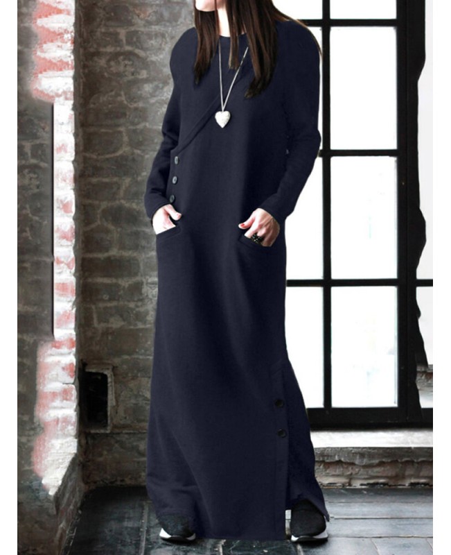Women Solid Color Side Split Long Sleeves Button Maxi Dresses With Pocket - Black S