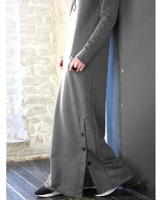 Women Solid Color Side Split Long Sleeves Button Maxi Dresses With Pocket - Black S