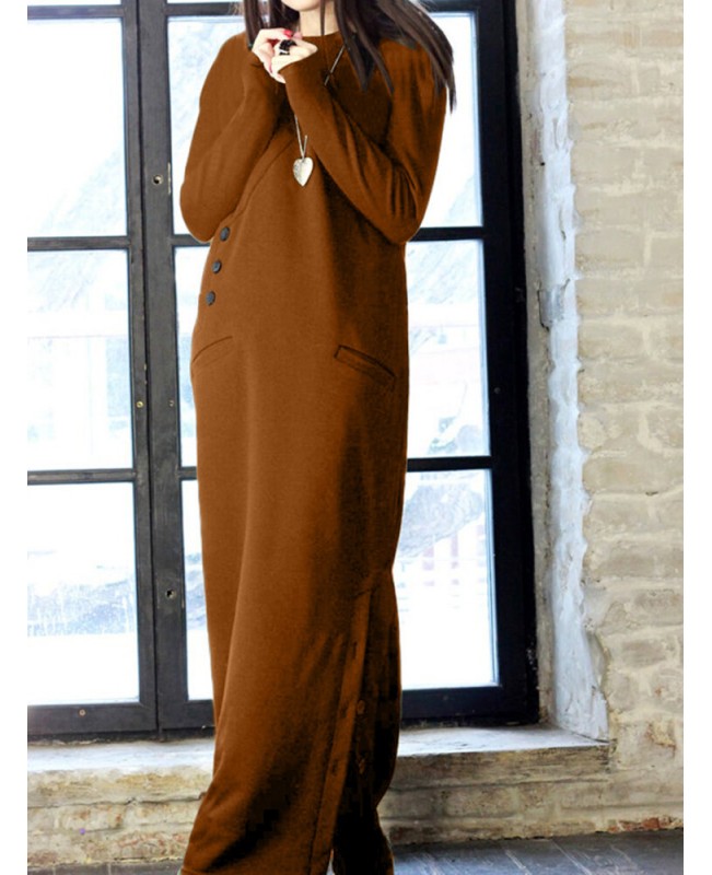 Women Solid Color Side Split Long Sleeves Button Maxi Dresses With Pocket - Black S