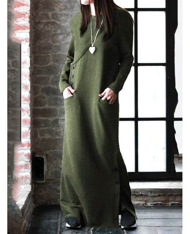 Women Solid Color Side Split Long Sleeves Button Maxi Dresses With Pocket - Black S