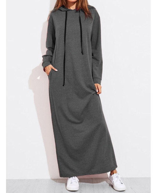 Casual Women Solid Color Full Sleeve Long Hooded Sweatshirt Dress  - Army Green 5XL