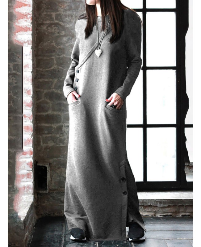 Women Solid Color Side Split Long Sleeves Button Maxi Dresses With Pocket - Black S
