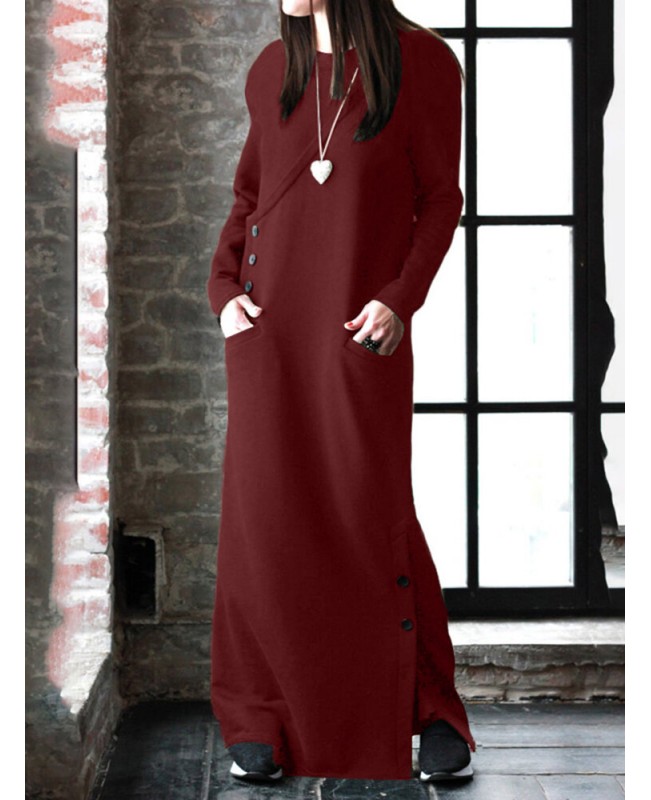 Women Solid Color Side Split Long Sleeves Button Maxi Dresses With Pocket - Black S