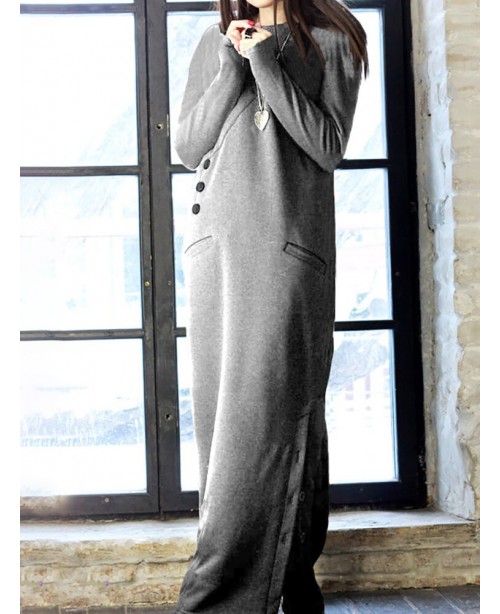Women Solid Color Side Split Long Sleeves Button M...