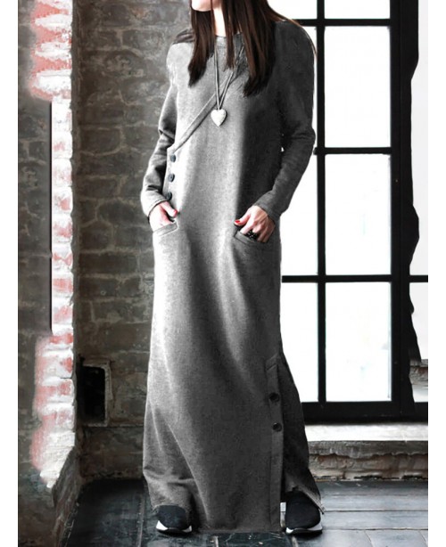 Women Solid Color Side Split Long Sleeves Button M...