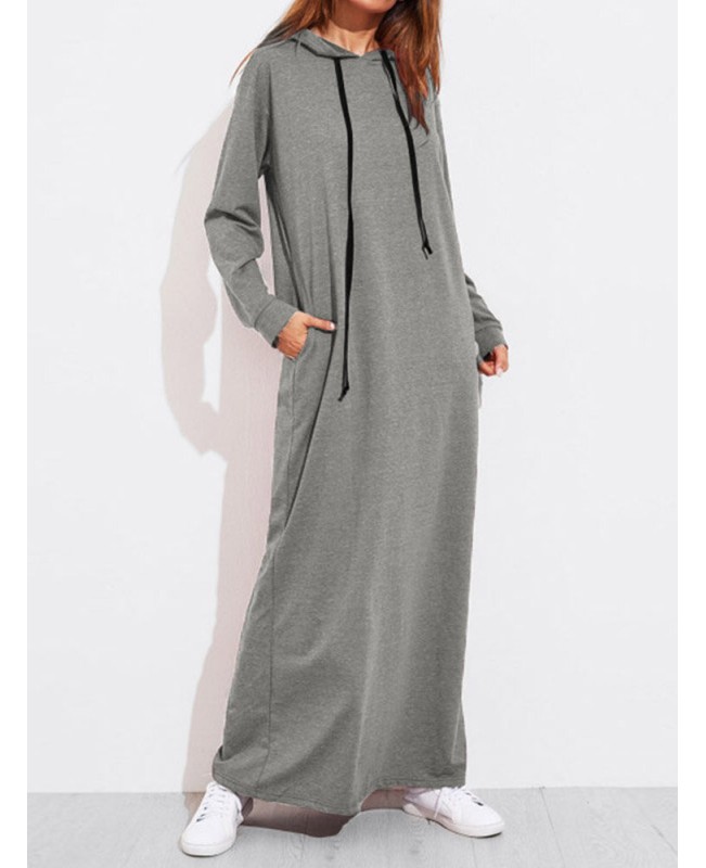 Casual Women Solid Color Full Sleeve Long Hooded Sweatshirt Dress  - Army Green 5XL