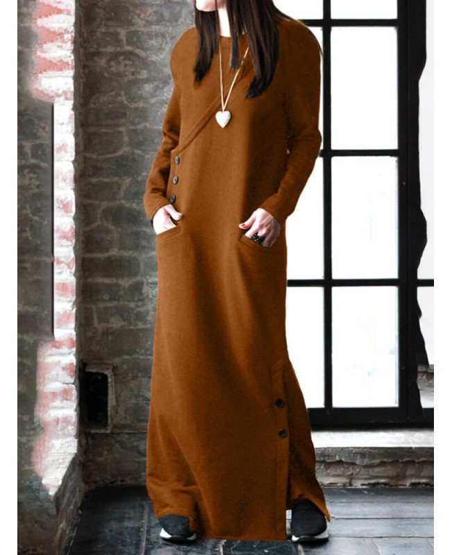 Women Solid Color Side Split Long Sleeves Button Maxi Dresses With Pocket - Black S