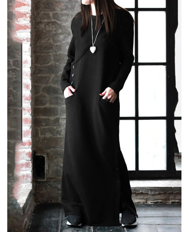 Women Solid Color Side Split Long Sleeves Button Maxi Dresses With Pocket - Black S