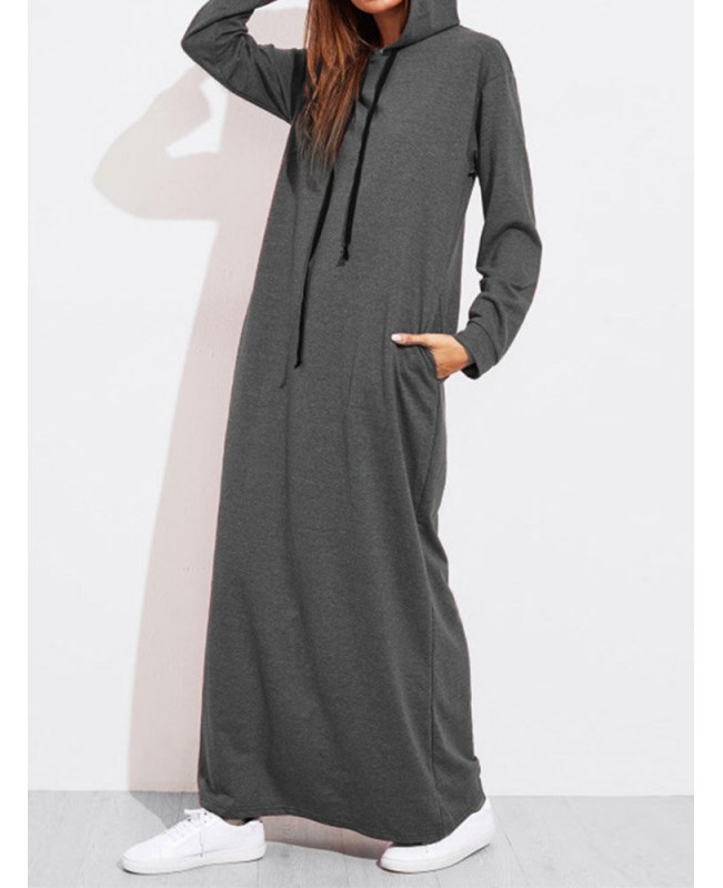 Casual Women Solid Color Full Sleeve Long Hooded Sweatshirt Dress  - Army Green 5XL
