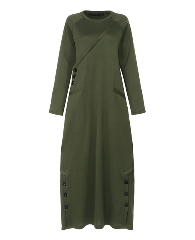 Women Solid Color Side Split Long Sleeves Button Maxi Dresses With Pocket - Black S