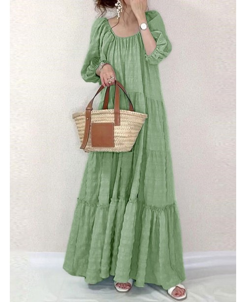 Solid Square Collar Ruffle Casual Maxi Dress - Bla...