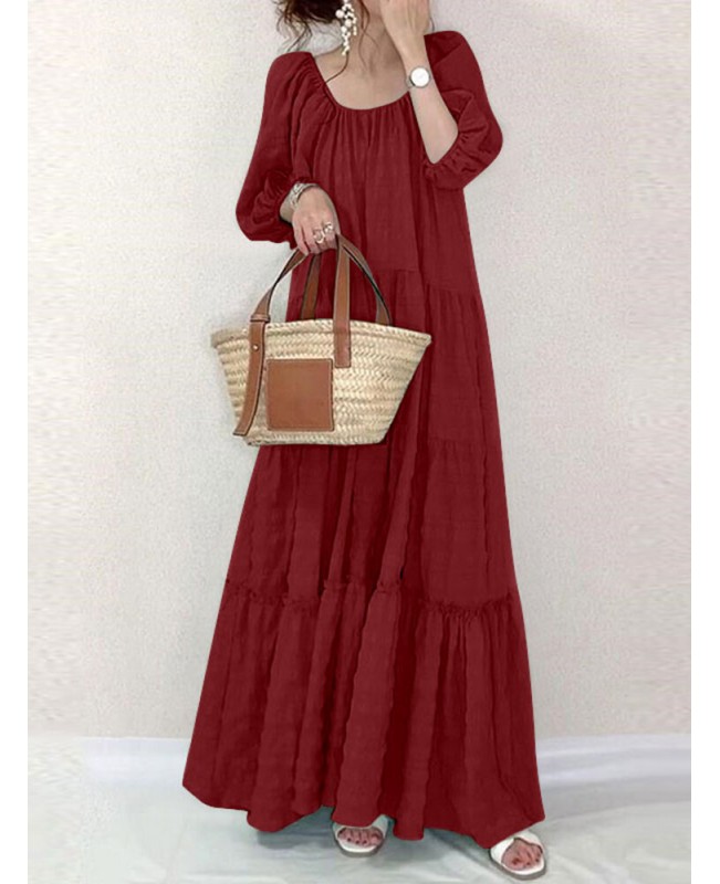 Solid Square Collar Ruffle Casual Maxi Dress - Black S