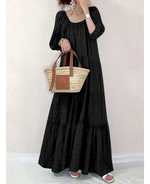 Solid Square Collar Ruffle Casual Maxi Dress - Bla...