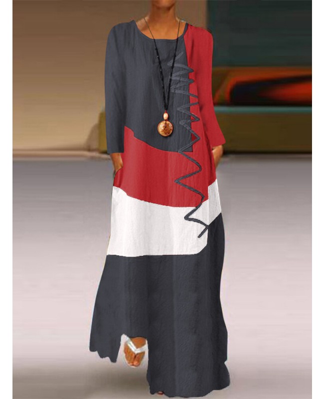 Womens Long Sleeve O Neck Splice Casual Long Maxi Dress - khaki M