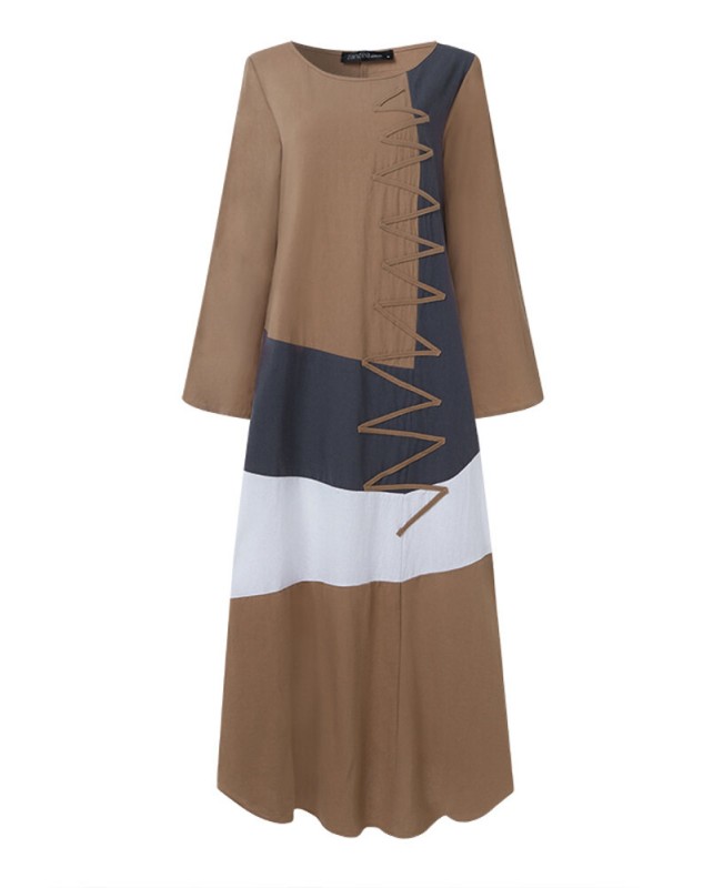 Womens Long Sleeve O Neck Splice Casual Long Maxi Dress - khaki M