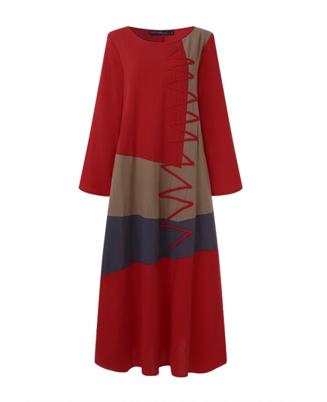 Womens Long Sleeve O Neck Splice Casual Long Maxi Dress - khaki M