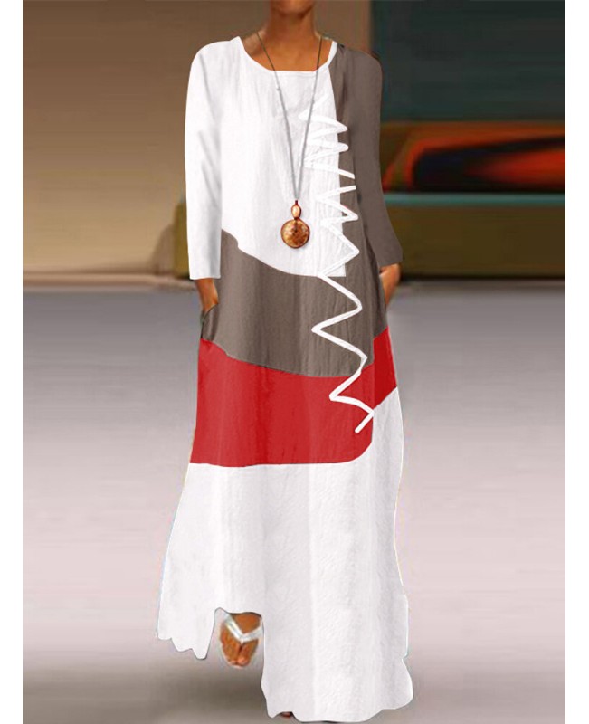 Womens Long Sleeve O Neck Splice Casual Long Maxi Dress - khaki M