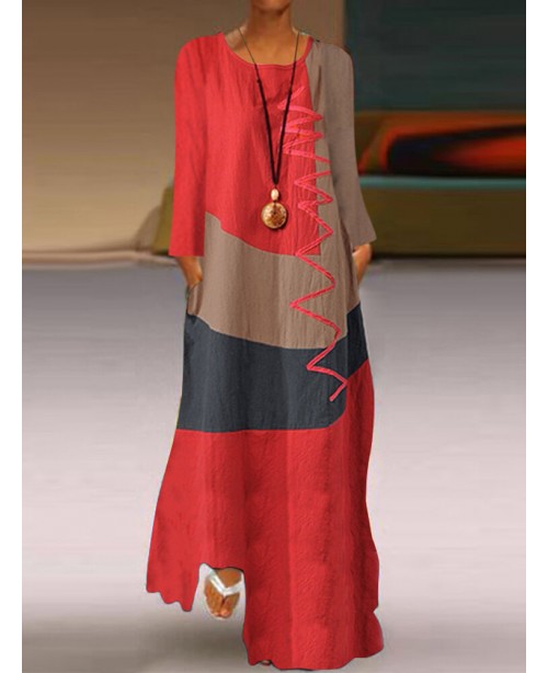 Womens Long Sleeve O Neck Splice Casual Long Maxi ...