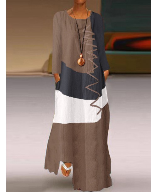 Womens Long Sleeve O Neck Splice Casual Long Maxi ...