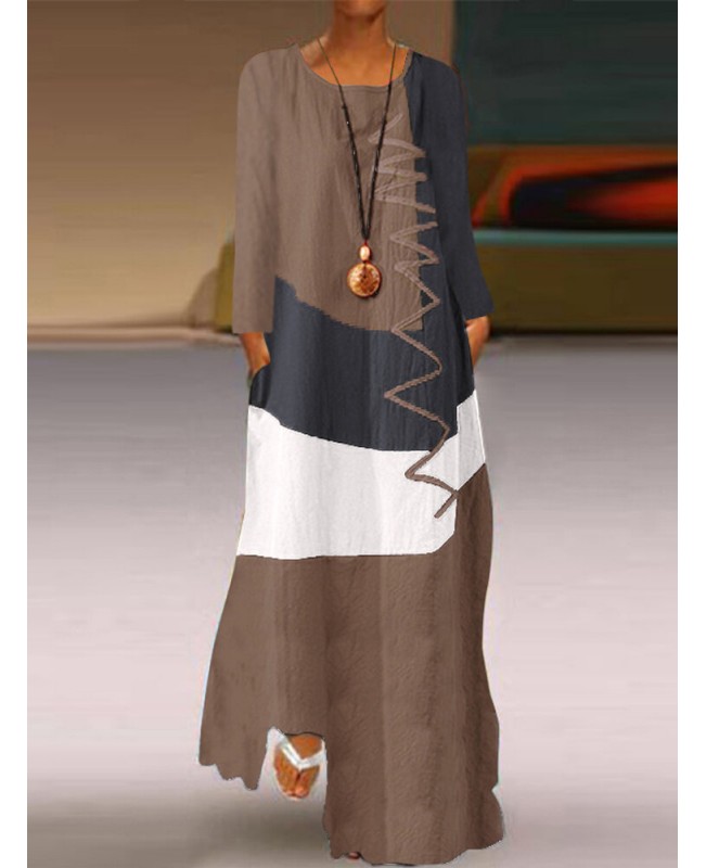Womens Long Sleeve O Neck Splice Casual Long Maxi Dress - khaki M